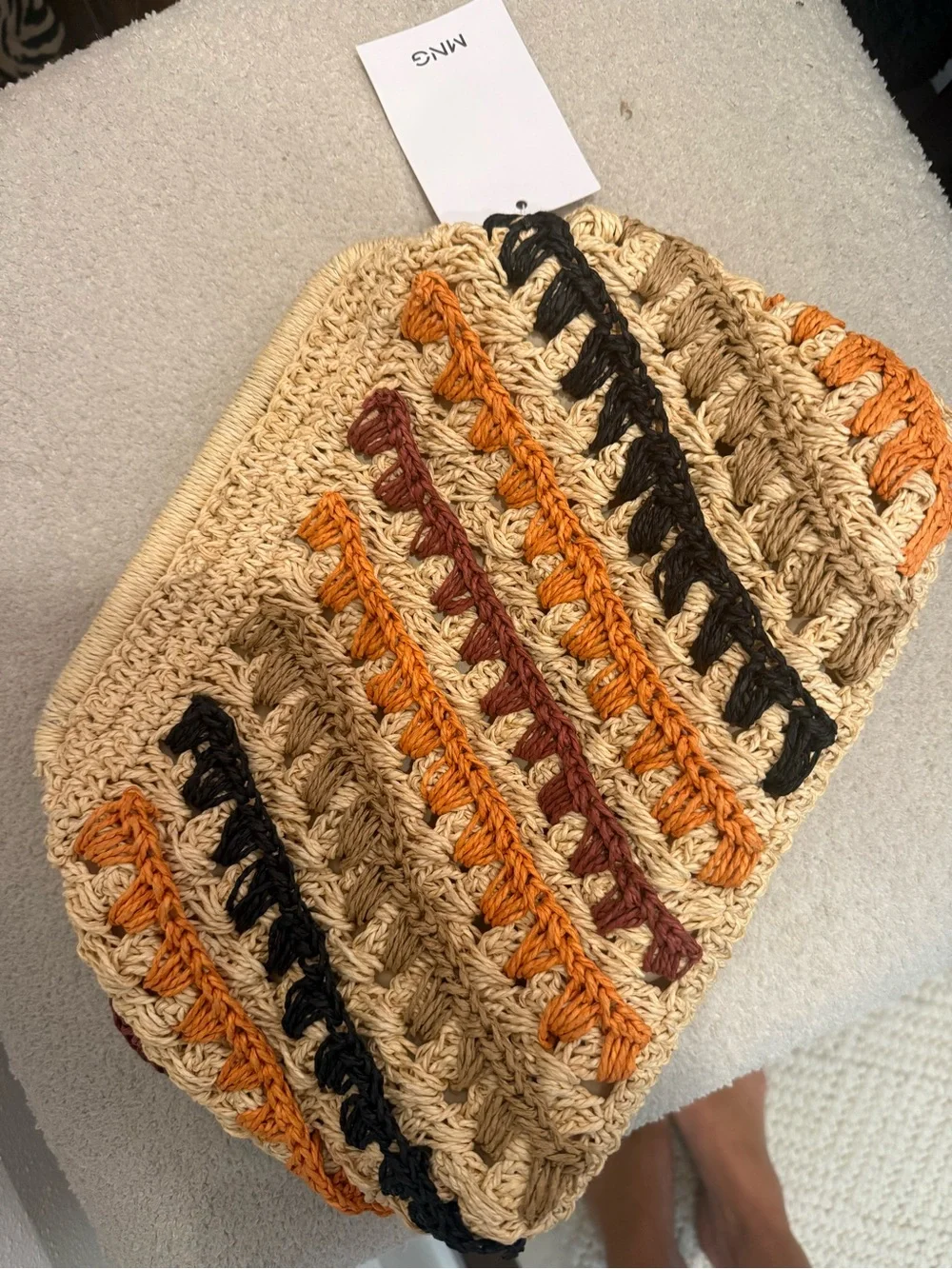 MANGO Woven Raffia Clutch with Diagonal Accent Stripes - Beige